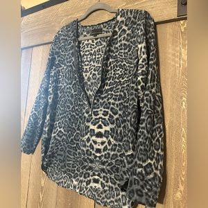 Blue Leopard Print Long Sleeve Half Zip Blouse